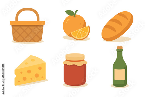 Picnic basket with fruits, bread, cheese, and jam for outdoor meals. Set of 6 vector illustration