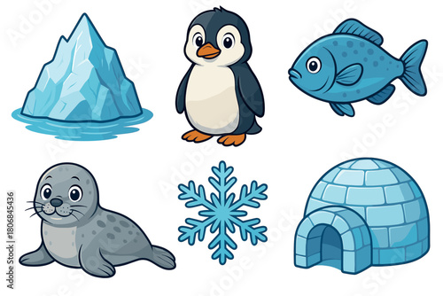 Cute animals and elements of the Arctic environment for fun design. Set of 6 vector illustration