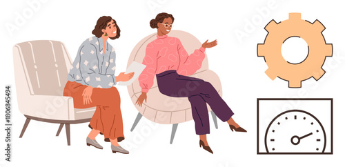 Two professionals in casual conversation, complemented by gear and performance meter icons. Ideal for teamwork, creativity, productivity, goal setting, communication, workflow brainstorming. Simple