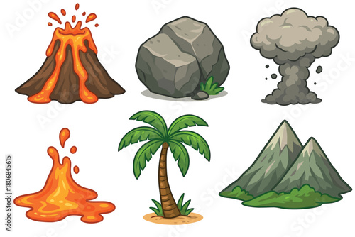 Tropical volcanic landscape with palm tree and mountain scenery. Set of 6 vector illustration