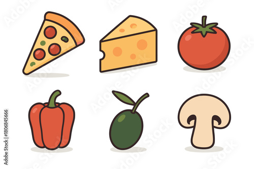Colorful food items representing healthy eating and delicious meals. Set of 6 vector illustration