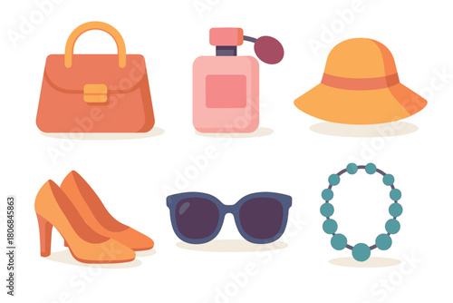 Summer fashion accessories for casual outings and sunny days. Set of 6 vector illustration