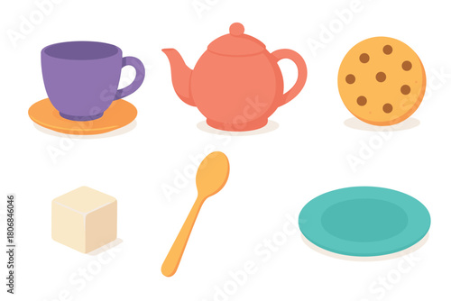 Colorful tea set with cookies and sugar for afternoon treat. Set of 6 vector illustration