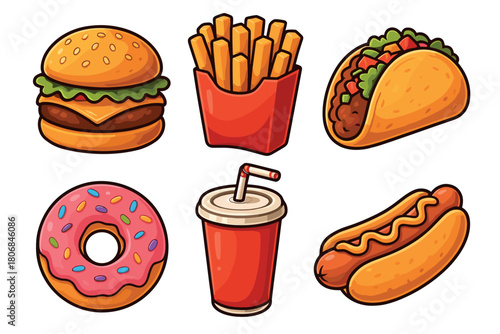 Delicious fast food assortment featuring burgers, tacos, and snacks. Set of 6 vector illustration