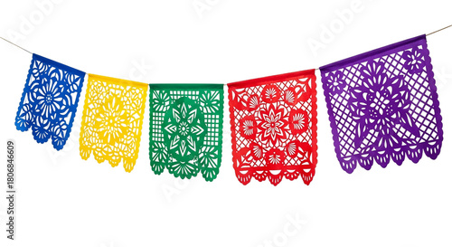 Colorful papel picado banner isolated on transparent background for mexican celebration