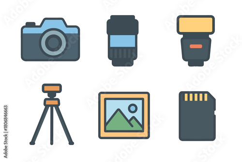 Camera gear essentials for photography enthusiasts and professionals. Set of 6 vector illustration