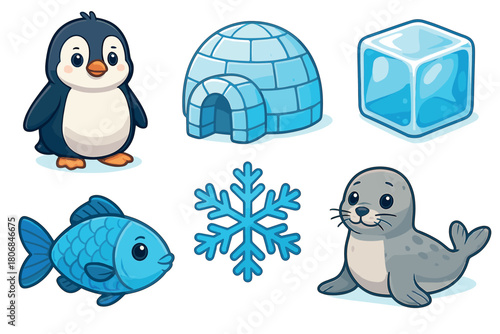 Winter characters penguin, fish, seal, and igloo scene. Set of 6 vector illustration