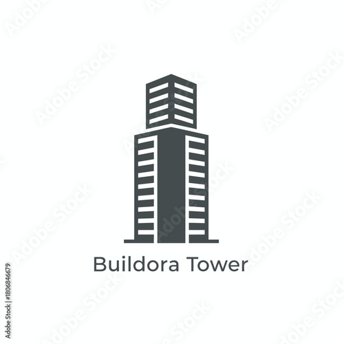 Vector illustration of a tall building icon with horizontal lines representing windows