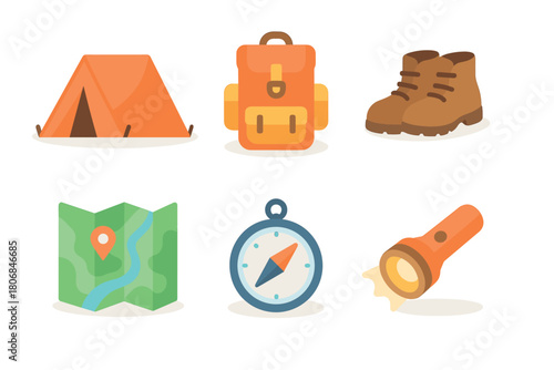Camping gear essentials for outdoor adventures and exploration. Set of 6 vector illustration