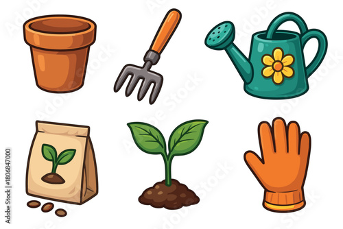 Gardening tools and supplies for planting flowers and vegetables. Set of 6 vector illustration