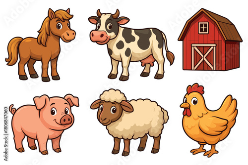 A cheerful scene showcases various farm animals. Set of 6 vector illustration