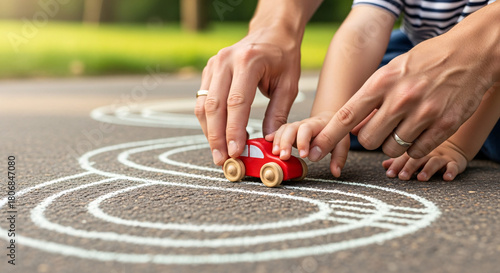 Fototapeta Naklejka Na Ścianę i Meble -  Parent and child s hands guiding a small red toy car along a chalk drawn race track on pavement