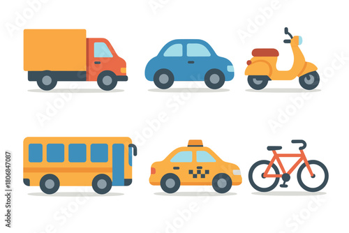 Variety of vehicles in a modern urban setting for travel design. Set of 6 vector illustration