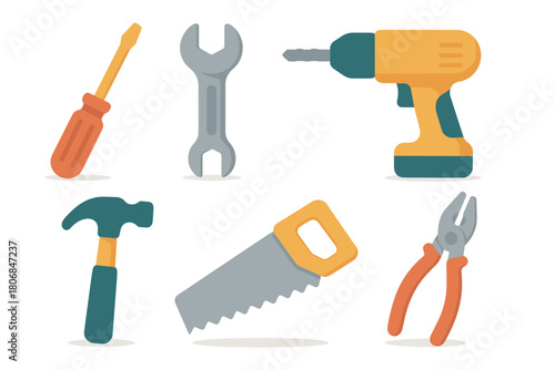 Essential hand tools for home improvement projects and repairs. Set of 6 vector illustration