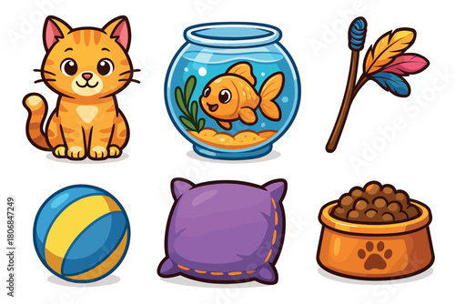 Fun and playful pet elements featuring a cat, fishbowl, and toys. Set of 6 vector illustration
