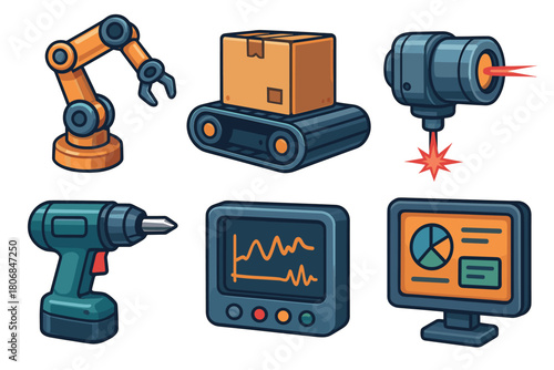 Industrial automation tools for efficient production systems. Set of 6 vector illustration