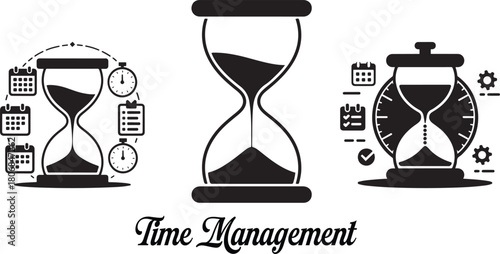 Time management concept with hourglasses and calendars representing productivity isolated on white background