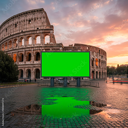 Photography Billboard Mockup in Front of the Colosseum in Rome, Italy at Sunset