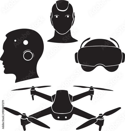 Futuristic technology concept featuring drone, virtual reality headset, and cyborg head isolated on white background