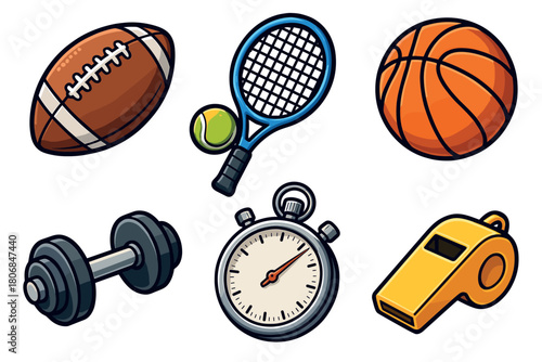 Sports equipment collection for active lifestyle and fitness. Set of 6 vector illustration