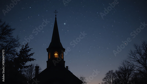 Night Sky Church Steeple Silhouette with Stars and Moon in Clear Dark Sky