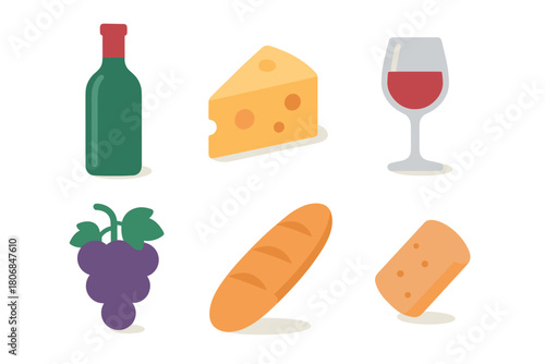 Wine and cheese tasting spread with grapes and bread for enjoyment. Set of 6 vector illustration