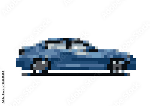 Pixelated  Sports Car Side View. 8 bit. Game development, mobile app. Isolated vector illustration.