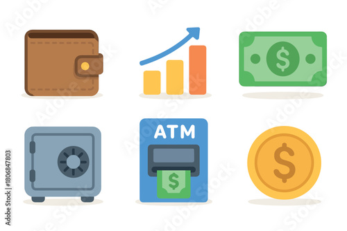 Financial tools and symbols for personal budgeting and savings. Set of 6 vector illustration