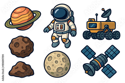 Space exploration theme with astronaut, planets, and rover for kids. Set of 6 vector illustration