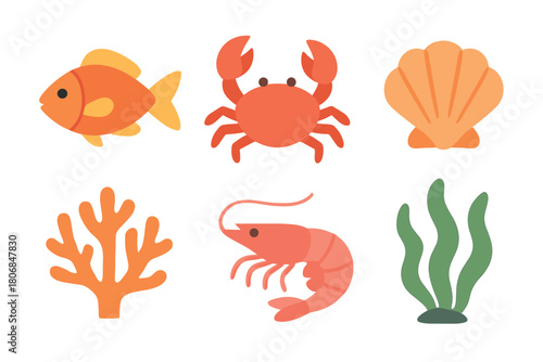 Underwater life theme featuring marine animals and plants. Set of 6 vector illustration