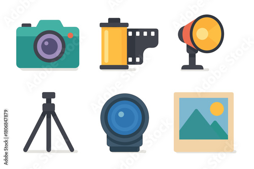 Essential tools for capturing moments in photography. Set of 6 vector illustration