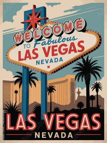 las vegas travel poster in flat mid-century style showcasing neon sign elements, casino lights, warm colors, and iconic skyline ideal for vintage wall art.