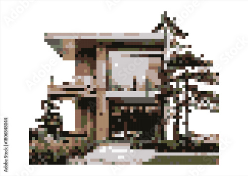 Pixelated Modern House with Lush Landscape. 8 bit. Game development, mobile app. Isolated vector illustration.
