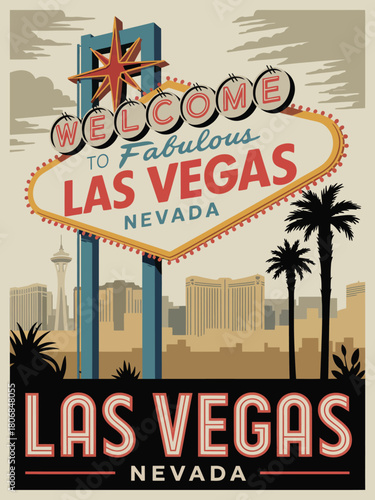 Mid-century modern las vegas poster with retro neon signage, casino lighting, bold red and yellow palette, classic skyline, and vintage travel wall art design.