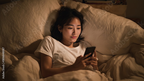 日本人の女性がベッドの上でスマホを操作している様子
