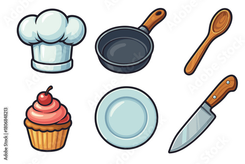 Kitchen essentials for baking and cooking activities. Set of 6 vector illustration