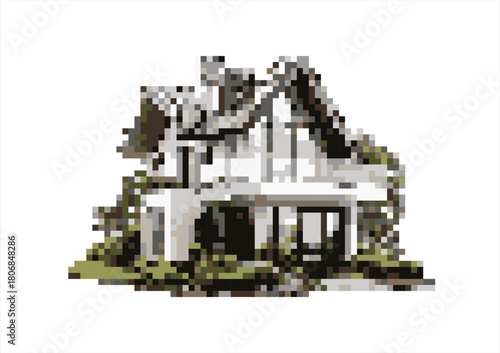 Pixel Art Modern House with Greenery. 8 bit. Game development, mobile app. Isolated vector illustration.