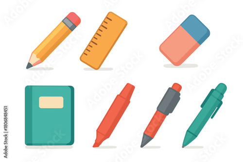 School supplies for students including pencil, ruler, and notebook. Set of 6 vector illustration