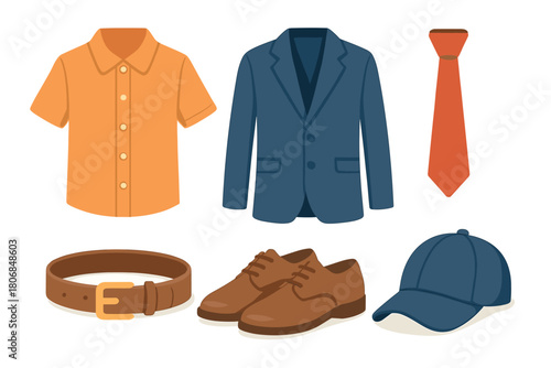 Business attire ensemble for professional settings and formal events. Set of 6 vector illustration