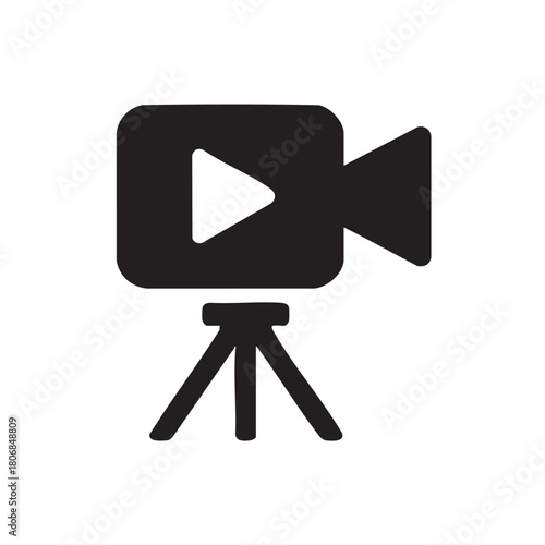A simple black and white icon depicts a video camera on a tripod showcasing media creation