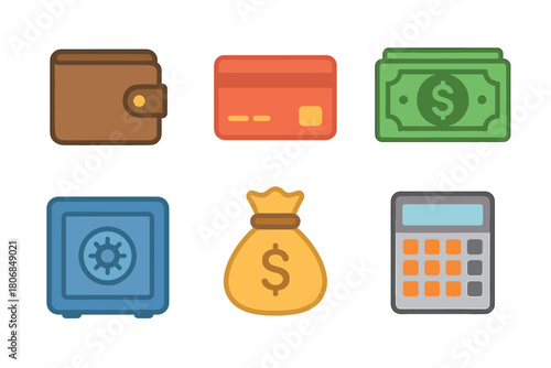 Finance related items with calculator, wallet, and money concept. Set of 6 vector illustration