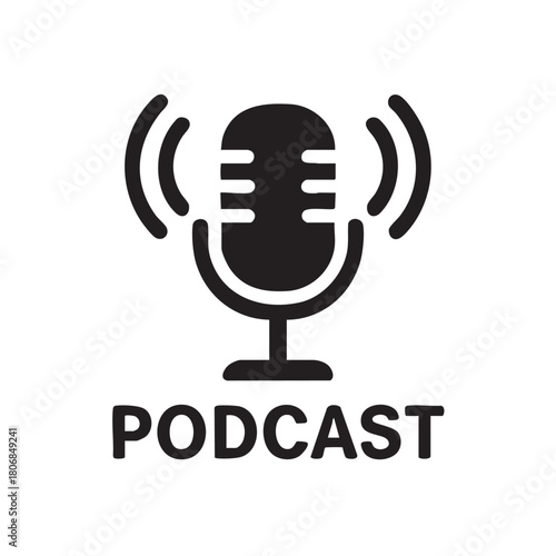 A simple black and white illustration of a vintage style microphone with the word podcast displayed below it