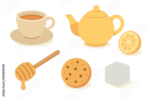 Tea time gathering with honey, lemon, cookies, and a teapot. Set of 6 vector illustration