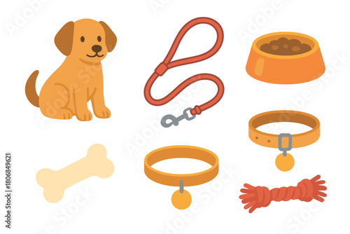Cute dog accessories for pet lovers including collar and toy. Set of 6 vector illustration