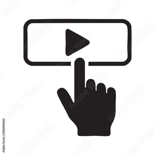 A black and white illustration depicts a hand pressing a play button within a rectangular frame