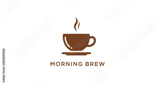 Brown illustration of a coffee cup with steam above a saucer, with "MORNING BREW" text