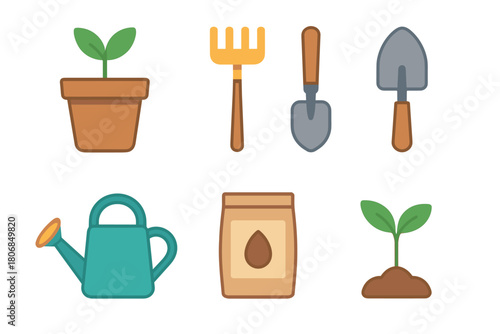 Gardening tools and plants for home gardening projects. Set of 6 vector illustration