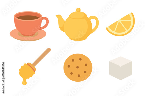 Warm tea time with honey, lemon and cookies for cozy moments. Set of 6 vector illustration