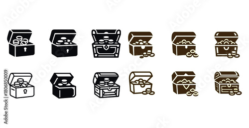 Treasure chests collection with coins in various colors and styl