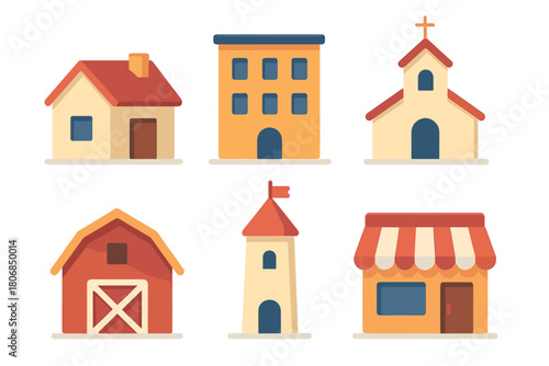 Charming collection of colorful buildings for design projects. Set of 6 vector illustration
